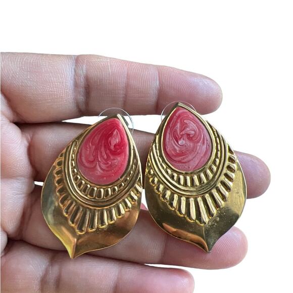 Vintage | 1980’s Teardrop Brass Blanks Pink Post Statement Earrings - Picture 1 of 5